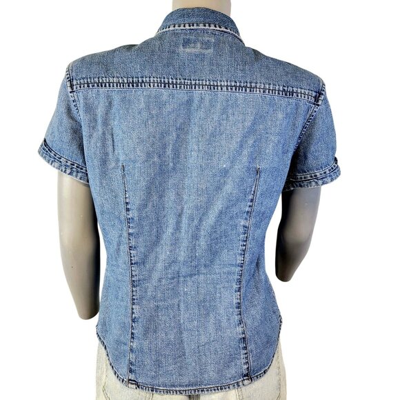 Guess Jeans Vintage 90s Denim Shirt Women Large 12 Short Sleeve Button Collar L - Picture 3 of 15